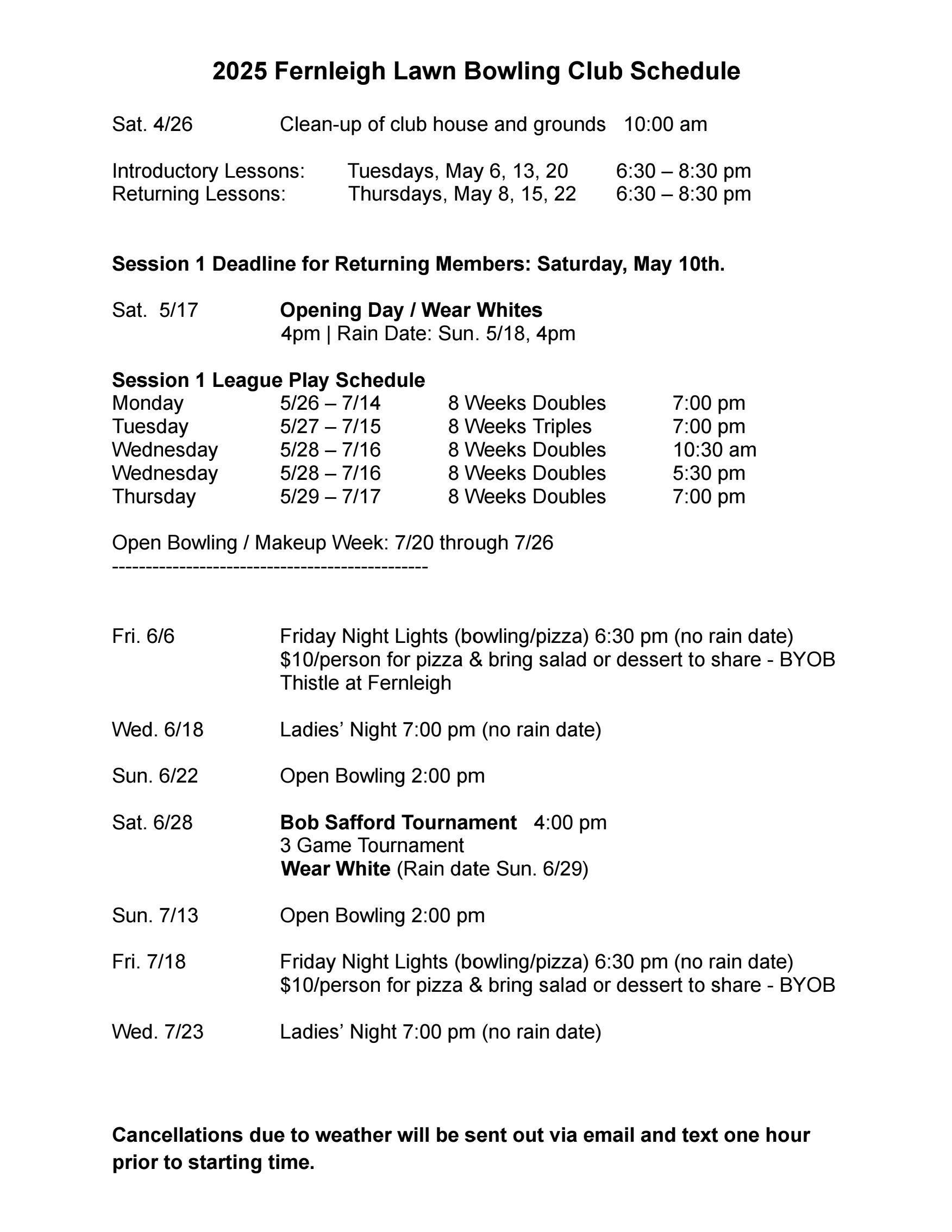 Bowling Schedule page 1