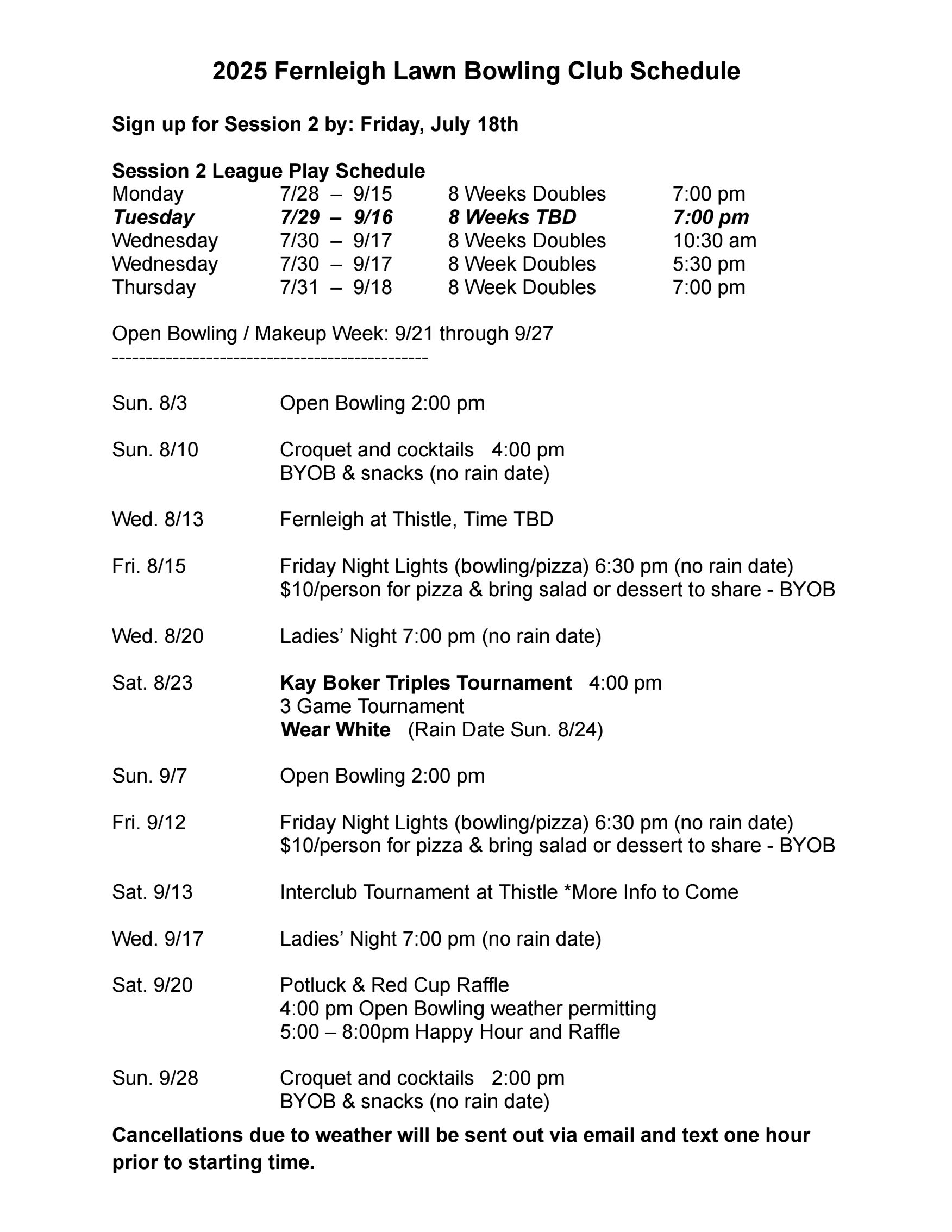 Bowling Schedule page 2