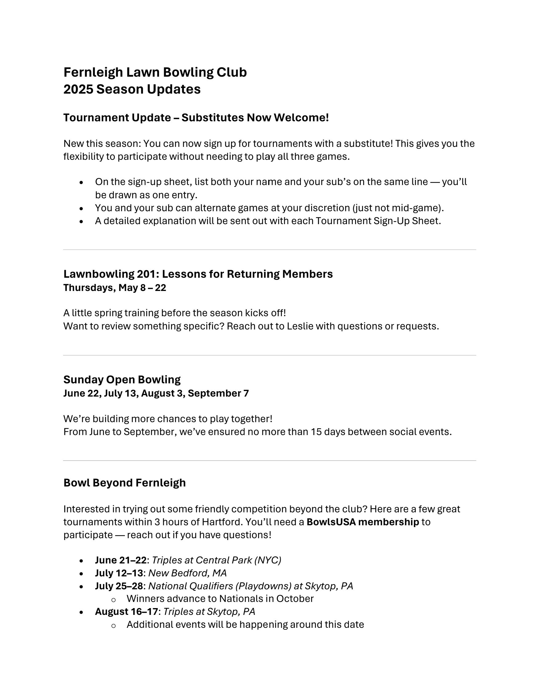 Bowling Schedule updates